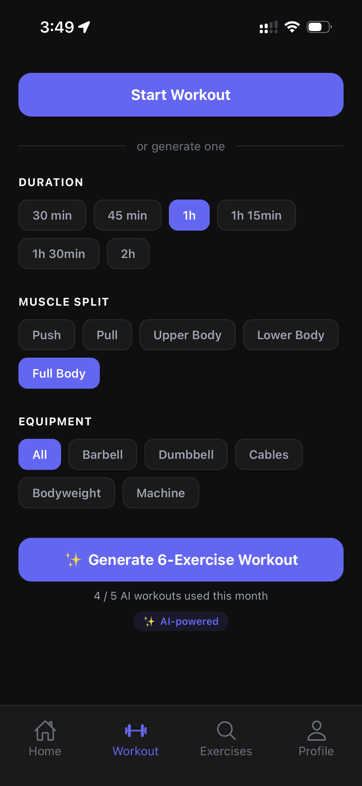 AI workout generator screen
